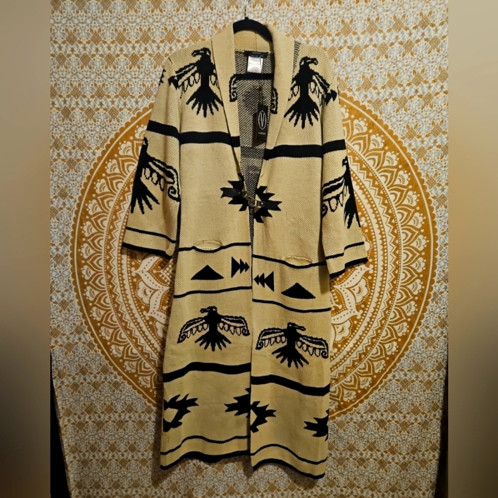 NWT Vertigo Aztec Geometric Thunderbird Long Duster Cardigan Sweater Coat Medium